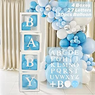 61Pcs Baby Shower Decorations Boxes for Boys&girls, 30 Party Balloons (blue&white), 4 Transparent Balloon Boxes with 27 letters, Include BABY+A-Z, Baby Blocks for Baby Shower, Birthday Decorations