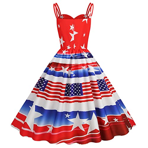 Image of OBEEII Womens 4th of July Dress Retro Spaghetti Strap American Flag Midi Dress Summer Cocktail A-line Swing Dress