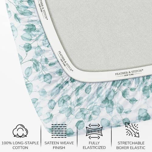 Image of Feather & Stitch Printed 500 TC Split King Size Sheet Set, 5 Piece Bed Sheets Set-2 Twin Fitted Sheet, 1 King Flat Sheet & 2 King Pillowcases, 18 inch Deep Pockets Sateen Weave Bedsheet - Green Leaf