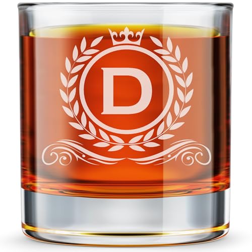 DADDY FACTORY 11oz Engraved Monogram Whisky Glass, Old Fashioned Rocks Glass Gift, A–Z Letter Initial | D