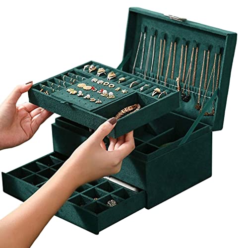 Große Schmuckschatulle, 3-stöckig, grüner Samt,...