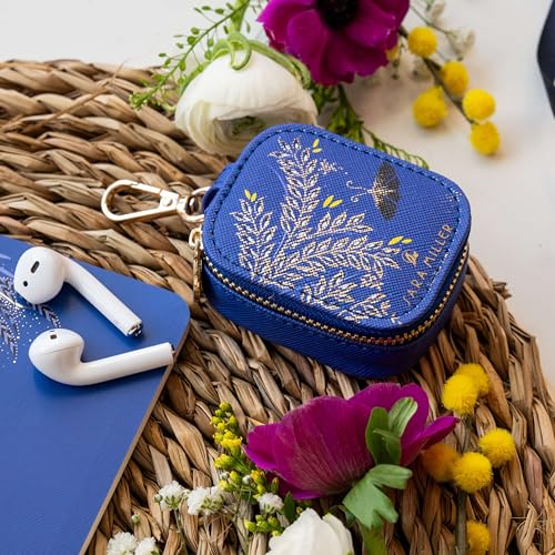 Étui écouteurs bleu Sara Miller au bureau, pochette zippée feuille d'or