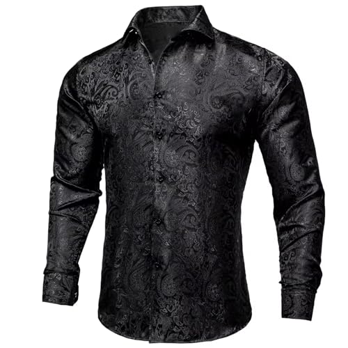 Men's Long Sleeve Black Paisley Silk Dress Shirts Casual Tuxedo Social Shirt Men Clothing2