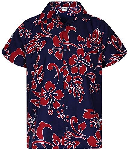 Funky Hawaiian Shirt, Shortsleeve, Hibiscus, Red on Navyblue, L