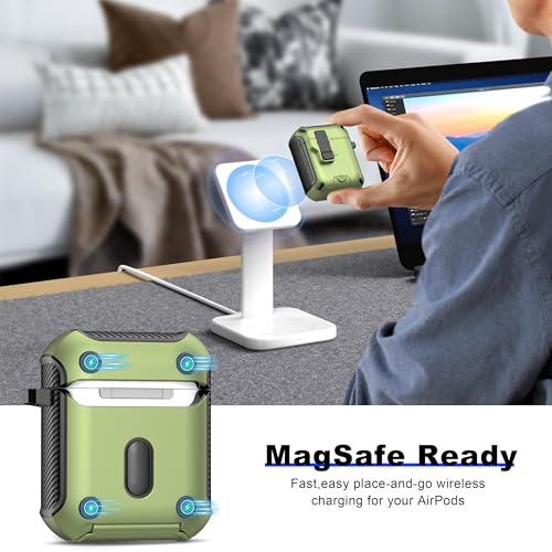 Image of RFUNGUANGO AirPods 2 Case with Lock Magnetic Lid Phone Stand, Olive Green