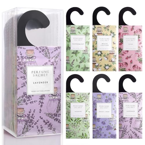 ROSE COTTAGE Large 12 Packs Hanging Closet Deodorizer Air Freshener Scented Sachets Long Lasting Smell Goods 6 Scents Option - Lavender, Linen, Cotton, Mint, Jasmine, Rose