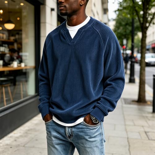 moolBeko Mens Corduroy Shirt Layered Long Sleeve Shirt V Neck Pullover - image 2
