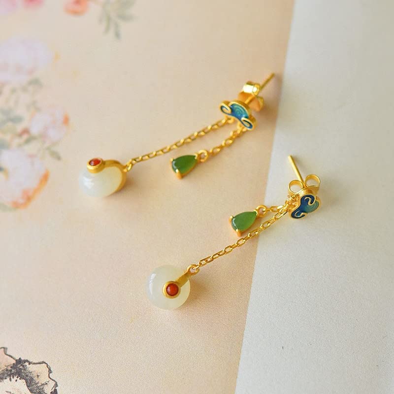 Orecchini, Accessori da Sposa Lunghi con Nappa a Forma di Nuvola Buon auspicio, in Porcellana Smaltata Rotonda in Giada Naturale Hetian, dal Design Ispirato
