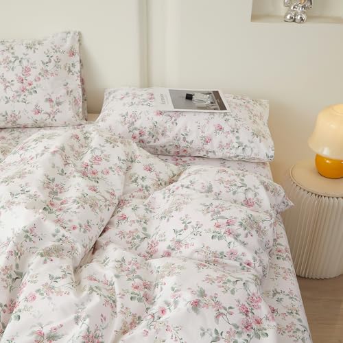Image of VM VOUGEMARKET Queen Duvet Cover Set Pink Floral Bedding Set on White 100% Cotton Reversible Vintage Comforter Cover with Zipper&Ties