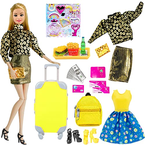 iBayda 27 Pack Fashionista 11.5 inch Girl Doll Clothes and Doll Accessories with Travel Suitcase Include Backpack Food Toys Ticket Set Shoes Sticker (No Doll)
