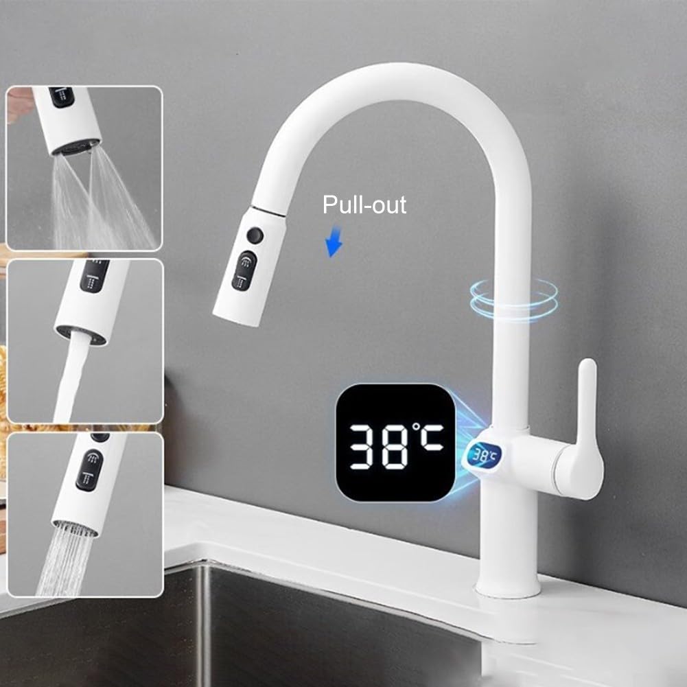 Grifo de cocina con pantalla LED digital de temperatura, pulverizador extraíble giratorio de 360 grados, modos de pulverización triple, control dual de calor y frío, material de cobre, 41 cm para