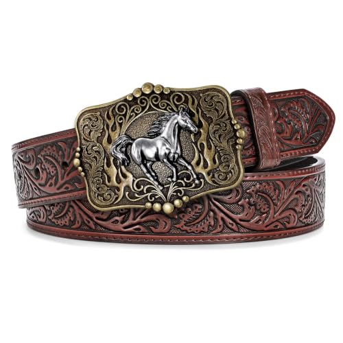 Image of Cowboy Cowgirl Belt Western Belts for Men Women Floral Engraved Longhorn Bull Buckle Belt for Jeans