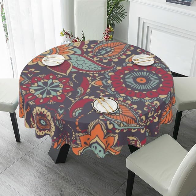 Miniatura 4 de Mantel redondo de mandala bohemio de 60 pulgadas, colorido indio, bohemio, arte rústico, moderno, impermeable, reutilizable, para picnic, fiesta,