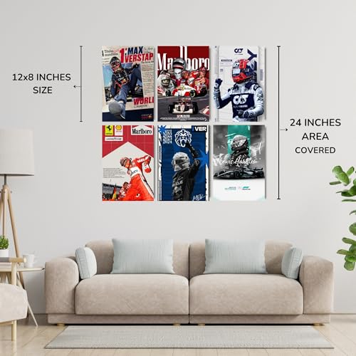 Image of Posters Inc Sports F1 Cars Motivational Posters for Wall A4 Size Aesthetic Setup 300 GSM Matte Paper Pack of 6 Automotive Motorsport Decor for Boys Gaming Room, Bedroom, Home & Office with Adhesive