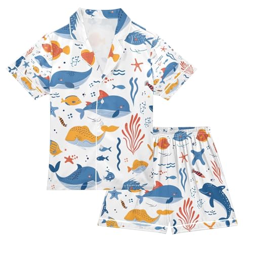 senya Cartoon Sea Dolphin Satin Summer Pajama Sets Silk Short Sleeve Button Down Sleepwear