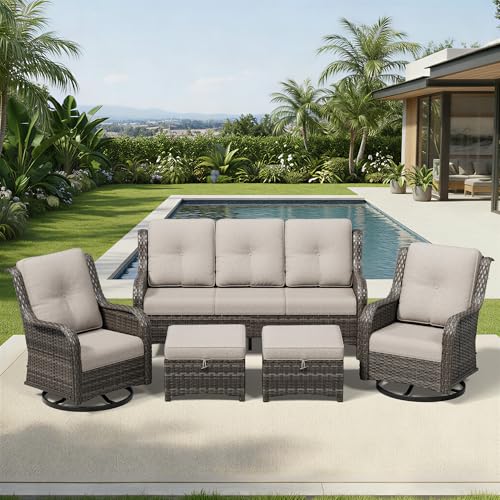 Image of Joyside 5 Piece Wicker Patio Furniture Set, Outdoor Swivel Rocker Patio Chairs with High Back, Deep Seating, Wide Armrest, Thickened Cushions, Outdoor Furniture for Deck, Porch Use