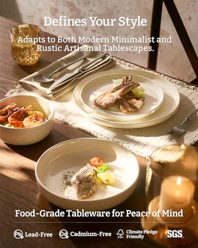 Image of Famiware Milkyway Stoneware Dinnerware Set, 12-Piece, Plates and Bowls for Everyday & Formal Dining, Service for 4, Microwave and Dishwasher Safe, Scratch-Resistan, Almond Milk