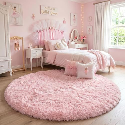 Image of Amdrebio Pink Circle Round Fluffy Area Rug 4Ft for Girls Bedroom Kids Room