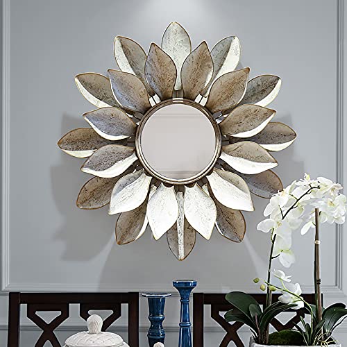 Wrought Iron Flower Mirror, Wall Hanging Living Room Wall Wrought Iron Decorations, Japanese Style Hallway Dining Room Background Wall Pendant,White,31.5X31.5X7.5In #TOP2