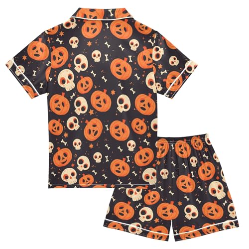 Funny Skeleton Pumkin Summer Satin Pajama Set, Cute Button-Down Sleepwear Pj Set for Sleep Wears2