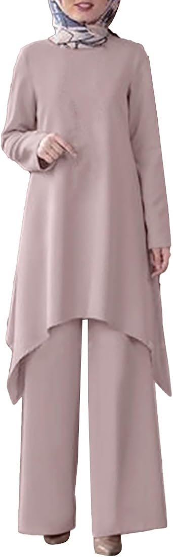 Womens Muslim 2 Pieces Sets Long Sleeve Button Down Shirt and Pants Abaya Casual Dress Dubai Outfits