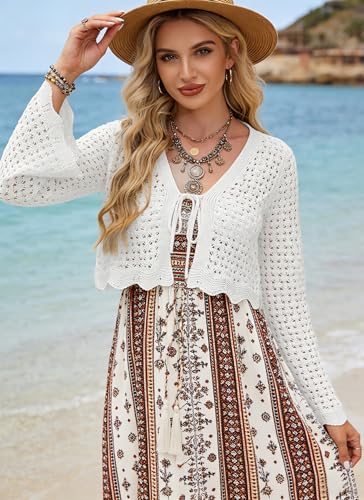 Image of Women's Soft Crochet Tie Front Cardigan Cropped Knit Bolero Shrug Summer Beach Cover Up Top