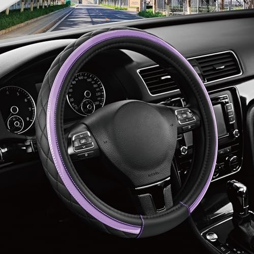 Road Comforts Leather Steering Wheel Cover Black & Purple Universal Fit 14.5-15 Inch Microfiber Leather Anti-Slip & Breathable Design for Men and Women