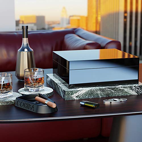 Woodronic Handmade Cigar Humidor Box with Hygrometer Humidifier Cigar Cutter and Ashtray for 30-50 Counts, Polished Piano Black Humidor Set for Men with Spanish Cedar Lining and Tight Seal