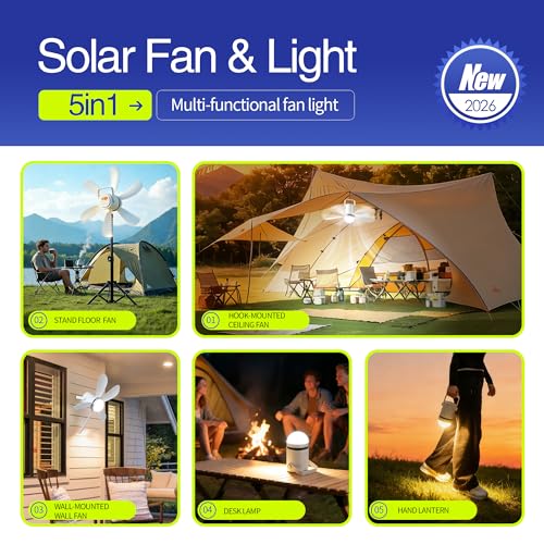 Image of Solar Ceiling Fan with Light, 21600mAh Rechargeable Battery & 25W Solar Panel, DC Brushless Quiet Fan, RF Remote Control, for Gazebo, Patio, Camping Tent, Garage, RV, Emergency Use