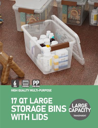 Image of WYT 6 Pack 17qt Clear Plastic Storage Bin with Lid and Latching Buckles, Stackable Tote Organizing Box with Handle