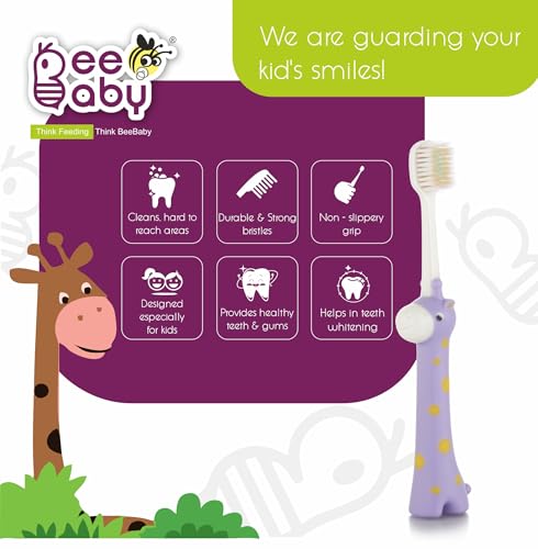 Image of BeeBaby Brush Buddy Baby Toothbrush for Kids 3-6 Years, Ultra Soft Tapered Bristles Toddler Toothbrush for Milk & Permanent Teeth, BPA Free Easy Grip Toothbrush for Sensitive Gums - Violet Giraffe