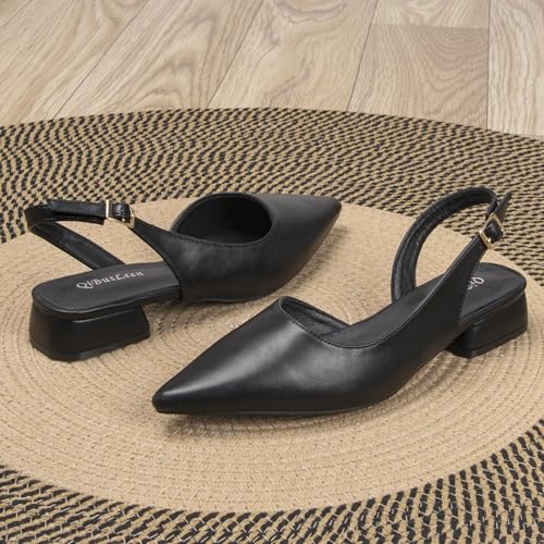1 Inch Low Chunky Block Slingback Heels for Women Closed Pointed Toe Ankle Strap Pumps Womens Wedding Party Black Beige Sliver Dress Sling Back Shoes3