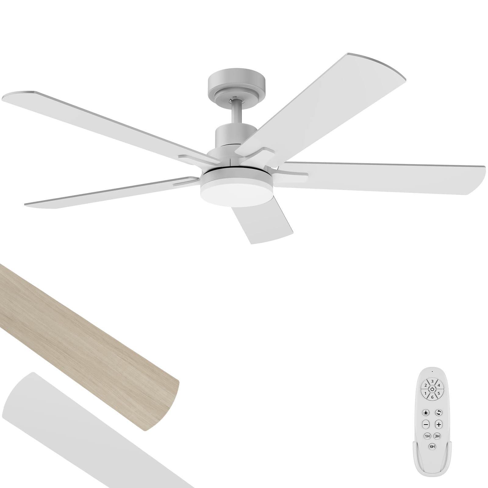 Ceiling Fans with Lights 52-Inch, Remote Control Reversible DC Motors, 3CCT Dimmable Timer Noiseless, White Ceiling Fan for Bedroom Living Room, Indoor&Outdoor ETL Listed