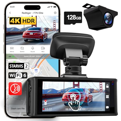 REDTIGER 4K HDR Dash Cam Front and Rear, STARVIS 2 Sensor, 5.8GHz WiFi APP, 3.18" Touchscreen, Voice Control, 128G Card Included, WDR, Dash Camera for Cars with GPS, 24H Parking Mode(F7N Elite)