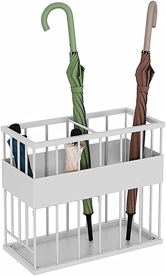 Racks Large Hallway Umbrella Holder with 2 Pole Slots,Modern Iron with Removable Drip Tray,for Indoor Corridor and Home Office (Color : White)