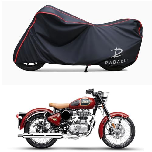 Image of Waterproof Bike Body Cover Compatible for | Royal Enfie Classic 350 Halcyon | Taffeta Fabric, Red Piping Design, Bottom Elastic Fit | Dustproof, Sun UV & Rain Protection for All Bikes