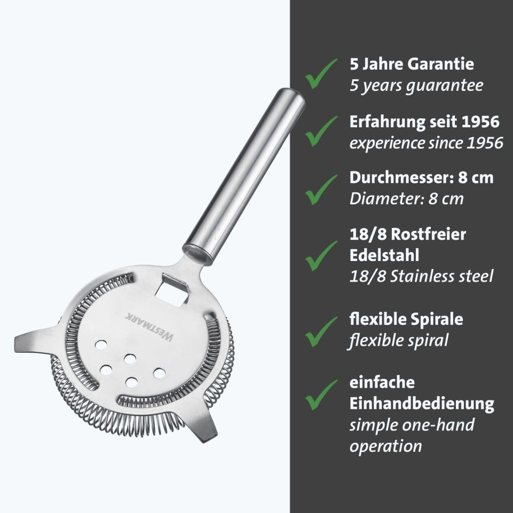 Westmark Judy Bar Strainer - Practical Bar Accessory for Mixing Cocktails, Strainers Fruit Pieces and Herbs Out of Drinks, Cocktail Strainer for Shaker - Stainless Steel 18/8, Silver