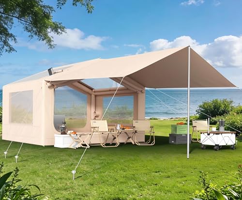 Carpa Inflable con Claraboya Panorámica para Estrellas, Carpa de Aire de Montaje Rápido con Bomba, Carpa Glamping Impermeable Oxford con Salida para Estufa, Puertas y Ventanas de Malla para 7 Personas miniatura 1