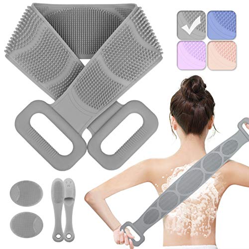 Silicone Body Scrubber for Shower, 2020 New Back Scrubber Gentle Exfoliating, Double-sided Long Silicone Bath Body Brush Easy to Wash Back, Improve Blood Circulation for All Skin Types (80CM, Grey)