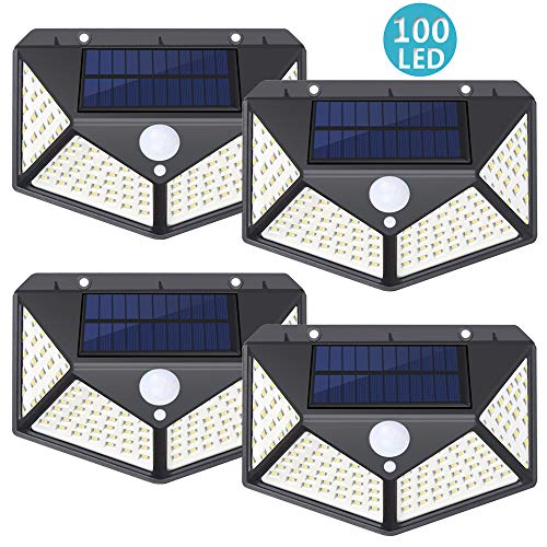 Preisvergleich Produktbild Solarleuchte für Außen, SUNZOS 100LED Solarlampen für Außen mit Bewegungsmelder 270° Beleuchtungswinkel 1800mAh Wasserdichte 3 Modi Solarleuchten für Garten, Balkon, Terrasse, Außenwände (4 Stück)