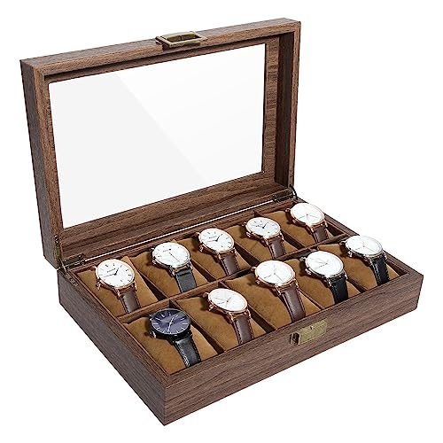 Image of Uten Watch Box 10 Slots, Watch Case Organizer with Real Glass Lid, Wood Grain PU Leather Watch Display Storage Box with Removable Imitation Suede Watch Pillows, Metal Clasp