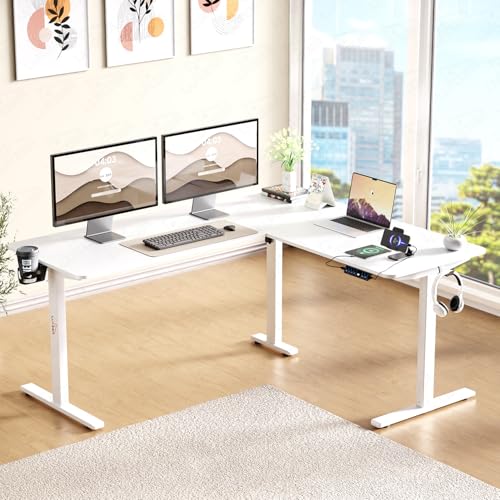 Image of Lukzer L-Shape Electric Height Adjustable Desk with USB & Type-C Digital Display Advance Memory Preset Sit Stand Home Office Table (EST-001 /UC-White & White /160 x 140 cm) DIY with 3 Years Warranty