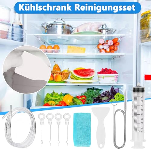 Kühlschrank Reinigungsset, 9 Stück Abflussloch Reinigungsset, Kühlschrank Reiniger Spritze mit Schlauch, Wiederverwendbar Edelstahl Abflussreiniger für Entblocken Abflusslöchern Kühlschränke