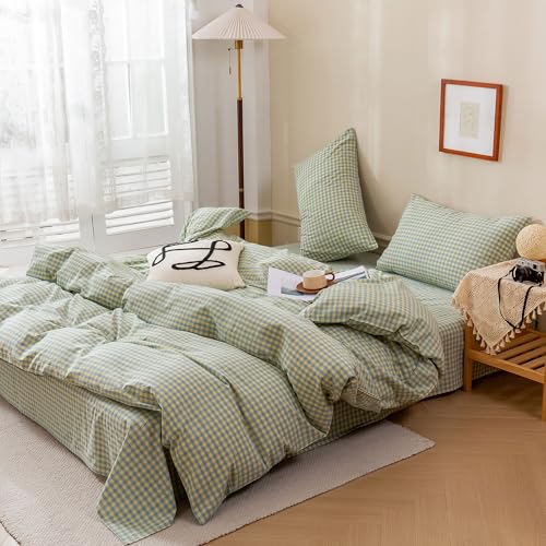 Image of EAVD Mini Blue Yellow Plaid Duvet Cover Queen Soft Cotton Reversible Grid Plaid Bedding Set with 2 Pillowcases Modern Style Geometric Grid Plaid Pattern Duvet Cover with Zipper Closure