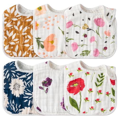 Image of Zainpe 6Pcs Snap Muslin Cotton Baby Bibs Flower Pattern Infants Drooling Bib Soft Absorbent Adjustable Burp Cloths Feeding Cloth for Unisex Newborns Girls Boys Toddlers Teething Eating 0 to 36 Months