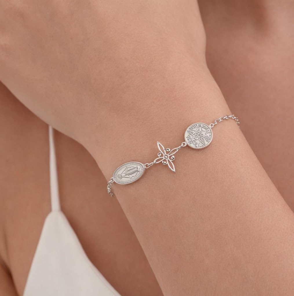 Silver Triple Protect Bracelet for Women,Star Catholic Hollow Bracelets Adjustable Chain Statement Trendy Bracelets Jewelry Gifts for Women - Image 2