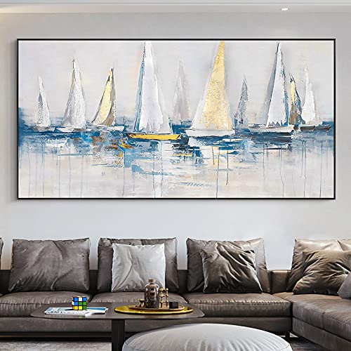 Olio su Tela,Bianco e Giallo Barca a Vela sulla