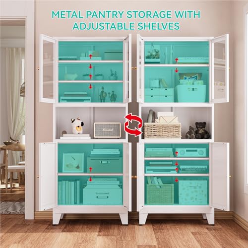 Image of 69 inch Tall Pantry Cabinet with Open Shelf,13.78 inchDeep By 28 inch Wide Storage Cabinet with Glass Doors and Adjustable Shelves,Microwave Stand,for Kitchen Dining Room Bathroom,White,1Pc