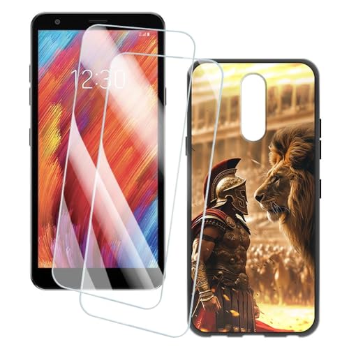 OAGELIM 2 Pack Screen Protector + Case Compatible with LG K12 Plus (5.7 inch) Case Artistic Cover and Tempered Glass Film Anti-Scratch (Warrior)