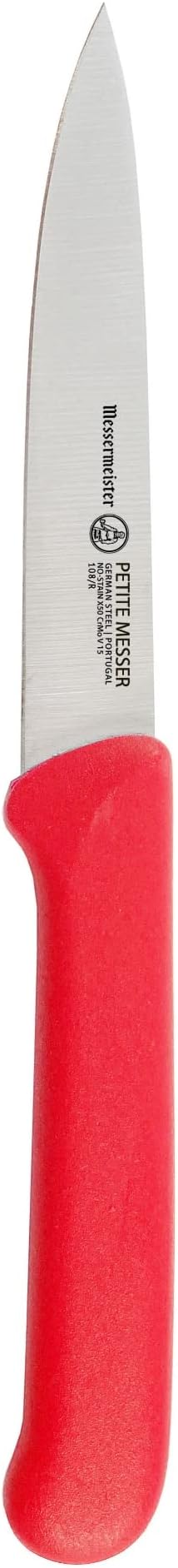 Messermeister Petite Messer 4” Spear Point Parer with Matching Sheath, Red - German 1.4116 Stainless Steel & Ergonomic Handle - Lightweight, Rust Resistant & Easy to Maintain